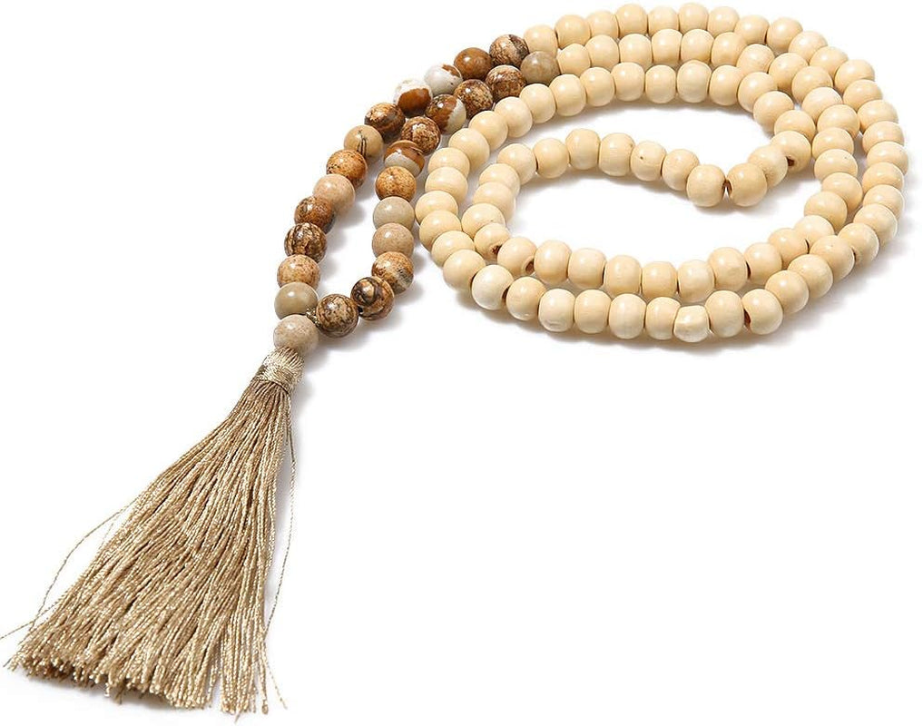 Wood Mala Handmade Bead Necklace, with 8mm Stones, Multicolor 