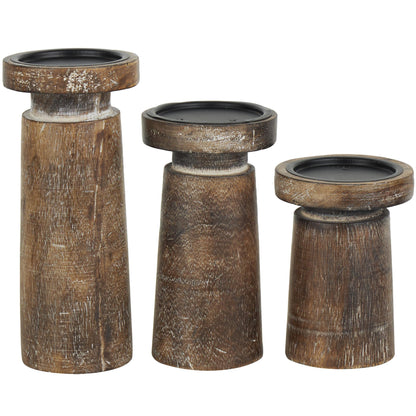 Distressed Brown Coastal Mango Wood Candle Holder, Set of 3, 6", 8", 10"H - Runaway Rabbit LLC