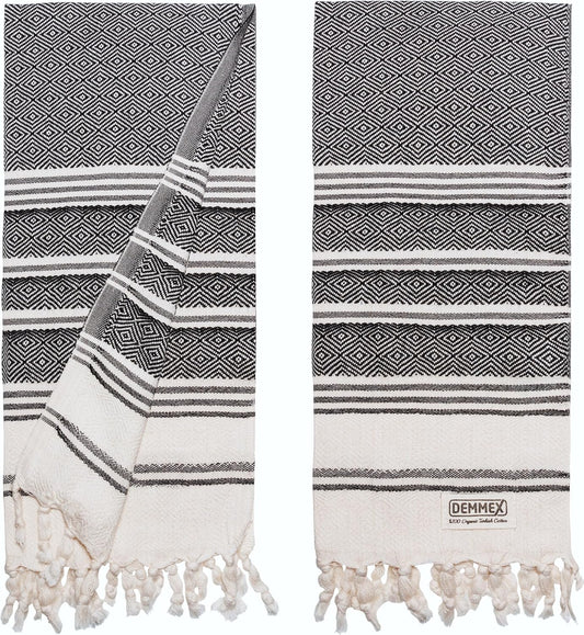 Certified Organic Cotton Turkish Hand Towels for Bathroom - Set of 2 Quick Dry, Diamond Weave, Prewashed, 18X36, Black - Runaway Rabbit LLC