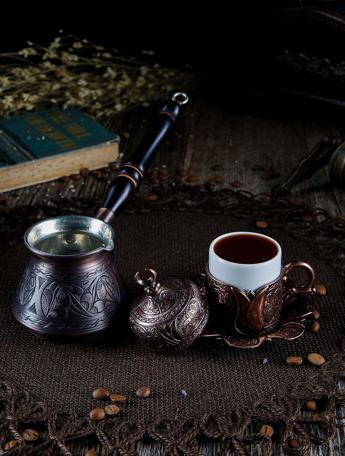 Engraved Solid Copper Turkish Coffee Pot with Wooden Handle & Spoon - Runaway Rabbit LLC