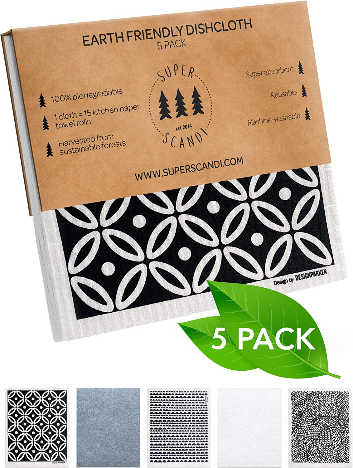 Swedish Dishcloths for Kitchen, Paper Towel Replacement (5 Pack Scandi Prints) - Runaway Rabbit LLC