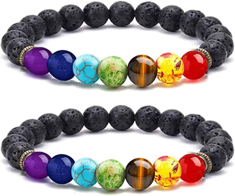 Aromatherapy Essential Oil Diffuser Bracelet , 2 Pcs 8mm Lava Rocks 7 Chakras - Runaway Rabbit LLC