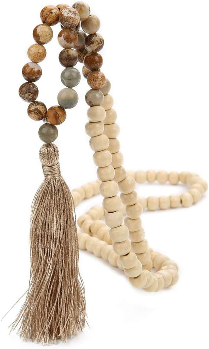 Wood Mala Handmade Bead Necklace, with 8mm Stones, Multicolor 