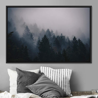 Framed Canvas Wall Art Woodland, Foggy Mountains, Nature Photography- 16X24 Inches - Runaway Rabbit LLC