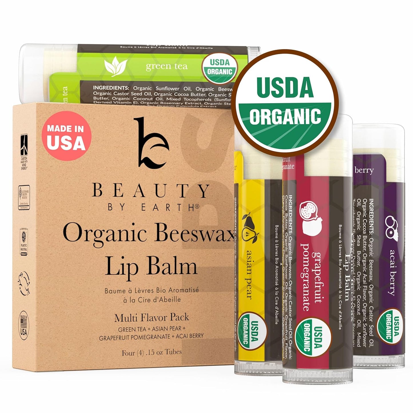 Natural Lip Balm Chapstick Pack of 4. Variety of scents.