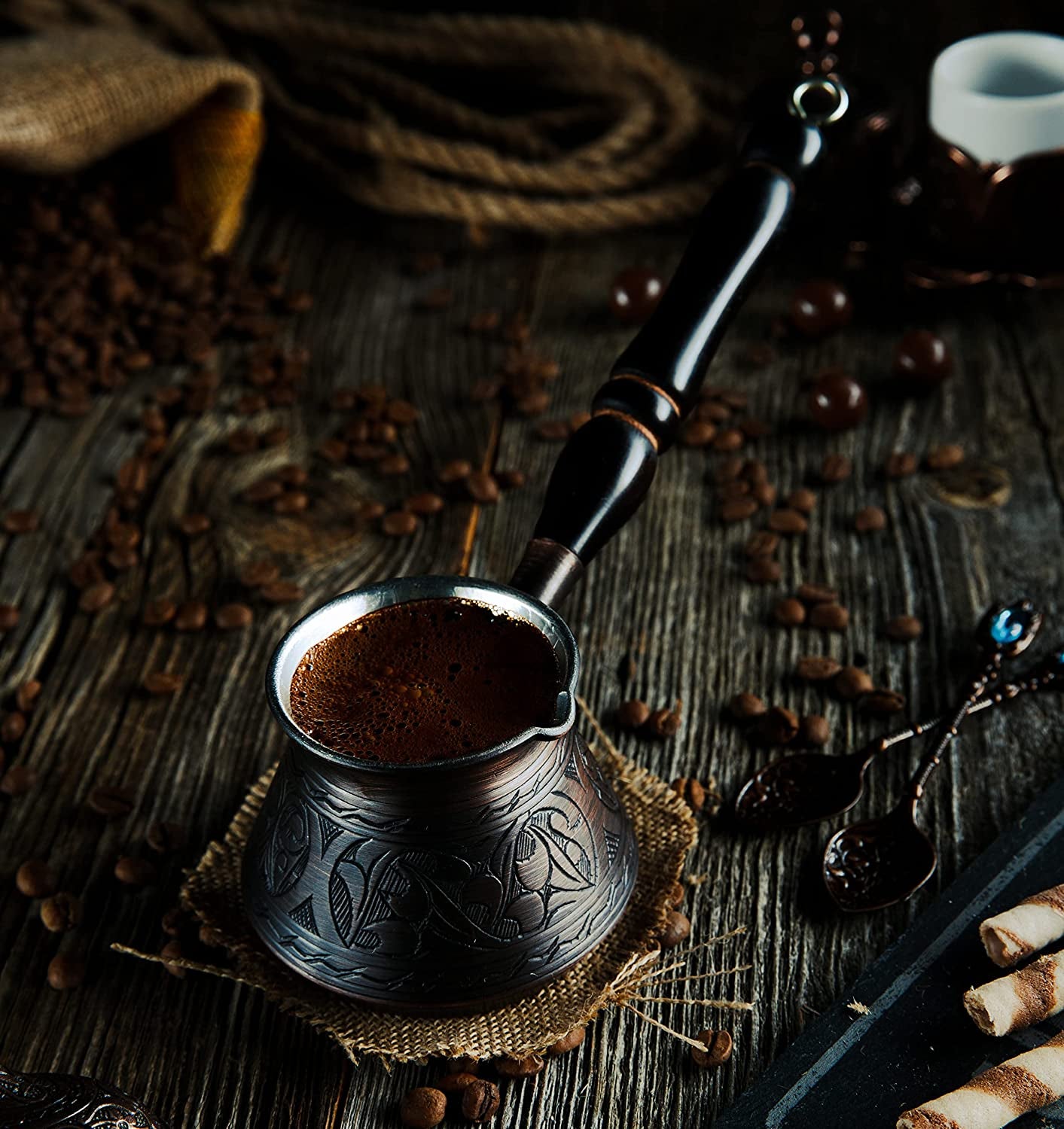 Engraved Solid Copper Turkish Coffee Pot with Wooden Handle & Spoon - Runaway Rabbit LLC