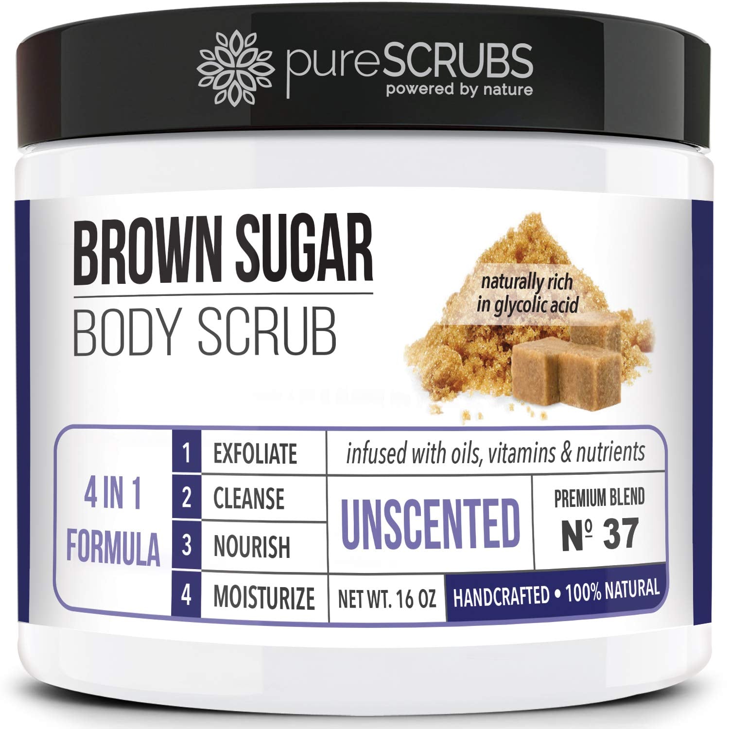 Premium Unscented Brown Sugar Body Scrub | Large 16Oz Jar | Includes Wooden Spoon, Loofah & Mini Exfoliating Bar Soap - Runaway Rabbit LLC