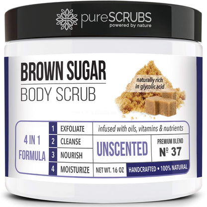 Premium Unscented Brown Sugar Body Scrub | Large 16Oz Jar | Includes Wooden Spoon, Loofah & Mini Exfoliating Bar Soap - Runaway Rabbit LLC