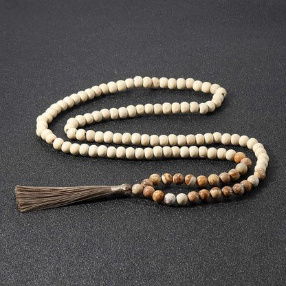 Wood Mala Handmade Bead Necklace, with 8mm Stones, Multicolor 