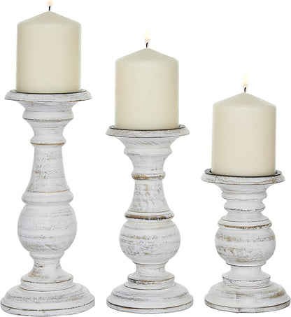 Mango Wood Decorative Pillar Candle Holders, Set of 3, White - Runaway Rabbit LLC