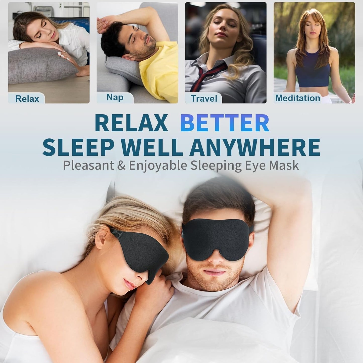 3D Sleep Mask, Light Blocking with Adjustable Strap for Travel, Nap, Black - Runaway Rabbit LLC