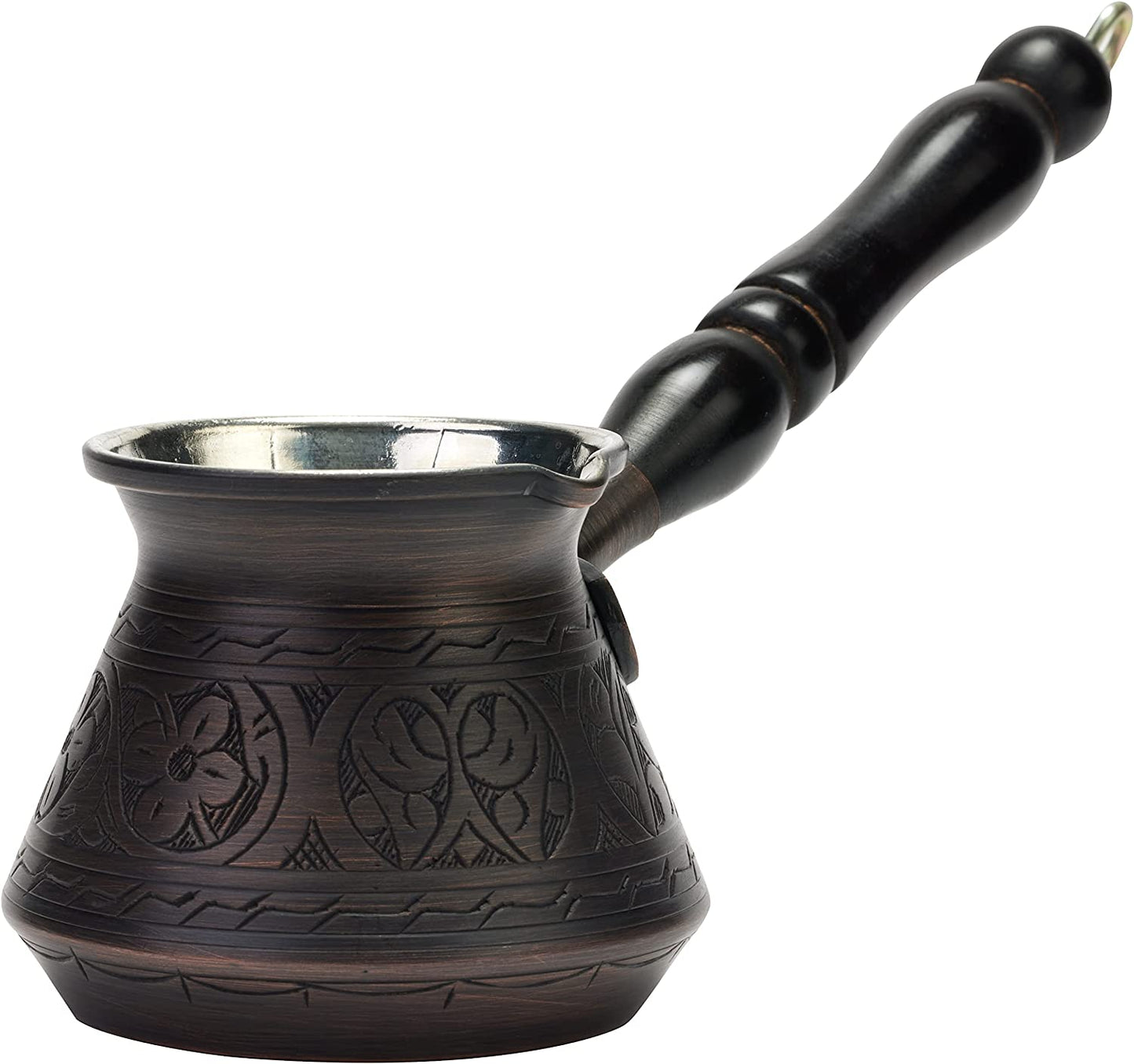 Engraved Solid Copper Turkish Coffee Pot with Wooden Handle & Spoon - Runaway Rabbit LLC