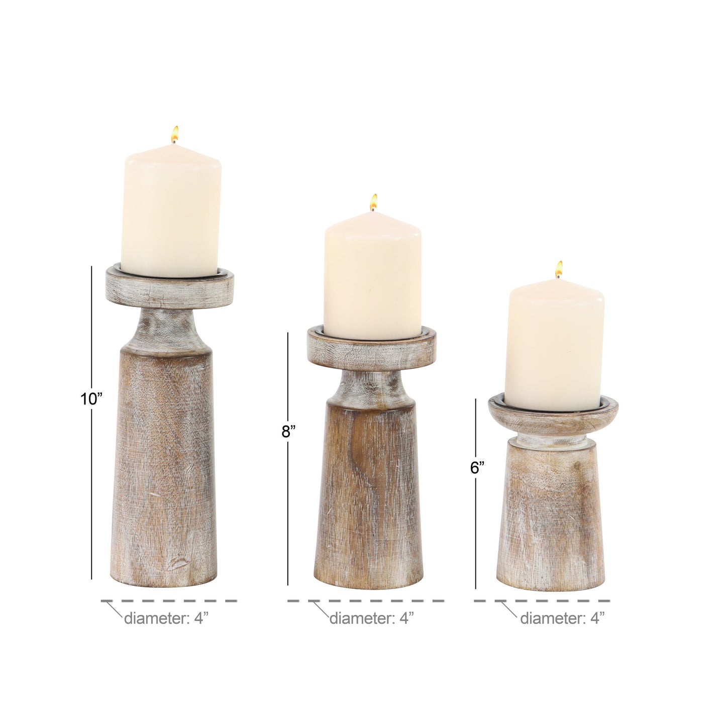 Distressed Brown Coastal Mango Wood Candle Holder, Set of 3, 6", 8", 10"H - Runaway Rabbit LLC