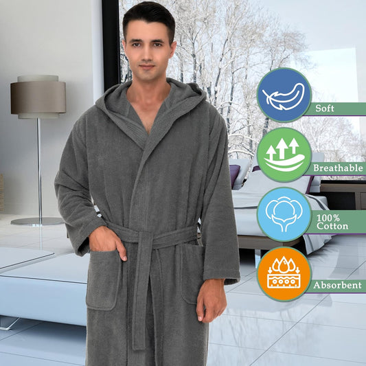 Mens Hooded Robe, Premium Cotton Terry Cloth Bathrobe - Runaway Rabbit LLC