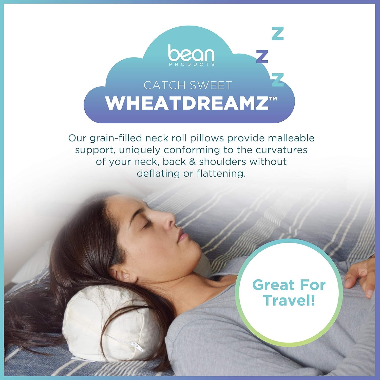 Wheatdreamz Neck Roll Pillow, Organic Cotton Zippered Shell with Organic Millet - 6" X 16" - Runaway Rabbit LLC