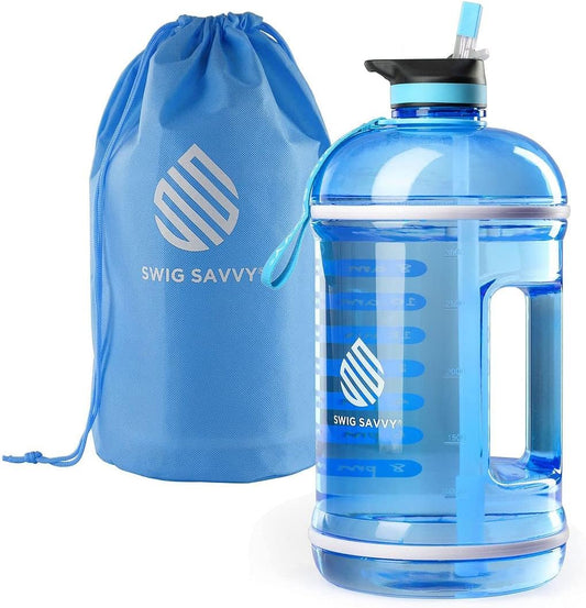 Motivational Time Marker Water Bottle with Straw Lid and Storage Sleeve, Blue, 44 OZ - Runaway Rabbit LLC