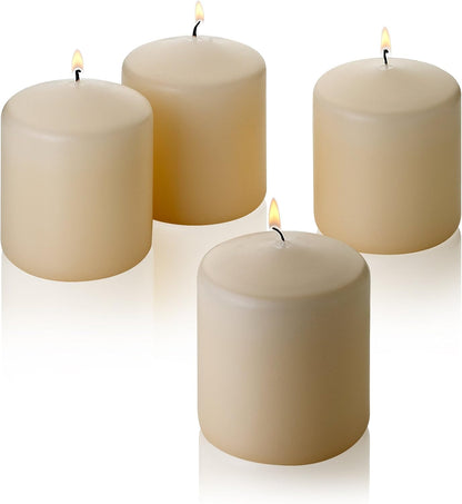 Vanilla Pillar Candles - Set of 4 Unscented Candles - 3 Inch Tall, 3 Inch Thick - 18 Hour Clean Burn Time - Runaway Rabbit LLC