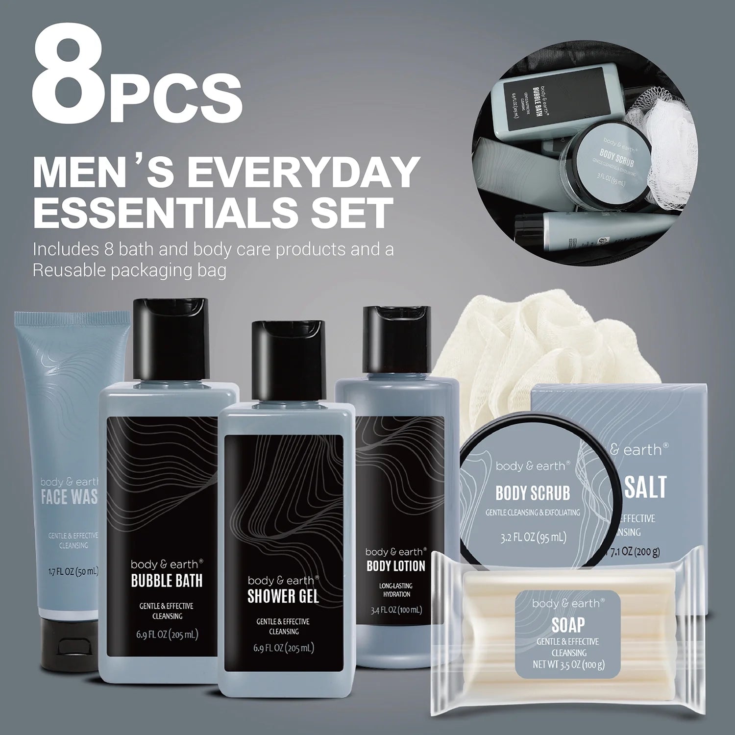 8 Pc Luxury Mens Bath Set Skin Care Kit Birthday Gifts for Men - Leather scent - Runaway Rabbit LLC