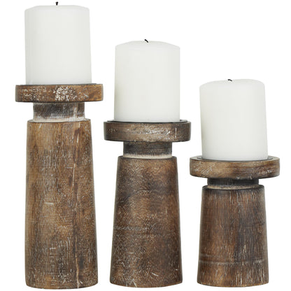 Distressed Brown Coastal Mango Wood Candle Holder, Set of 3, 6", 8", 10"H - Runaway Rabbit LLC