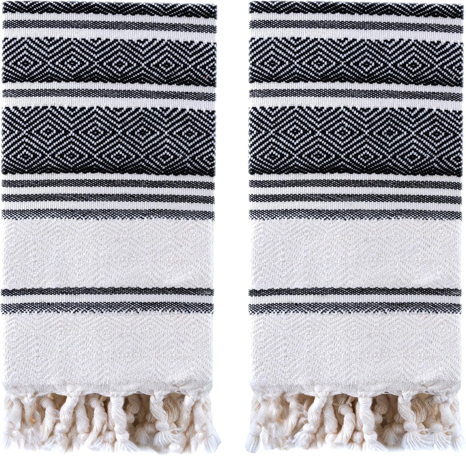 Certified Organic Cotton Turkish Hand Towels for Bathroom - Set of 2 Quick Dry, Diamond Weave, Prewashed, 18X36, Black - Runaway Rabbit LLC