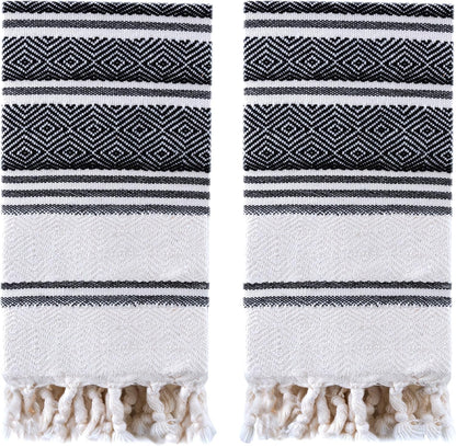 Certified Organic Cotton Turkish Hand Towels for Bathroom - Set of 2 Quick Dry, Diamond Weave, Prewashed, 18X36, Black - Runaway Rabbit LLC