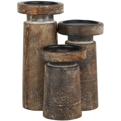 Distressed Brown Coastal Mango Wood Candle Holder, Set of 3, 6", 8", 10"H - Runaway Rabbit LLC