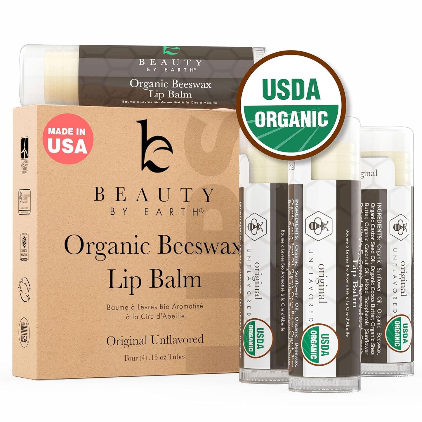 Natural Lip Balm Chapstick Pack of 4. Variety of scents.