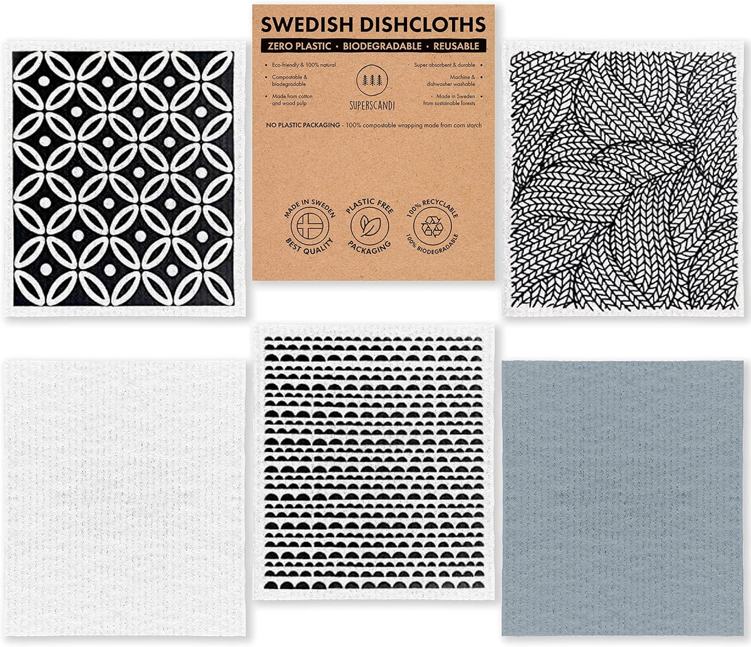 Swedish Dishcloths for Kitchen, Paper Towel Replacement (5 Pack Scandi Prints) - Runaway Rabbit LLC