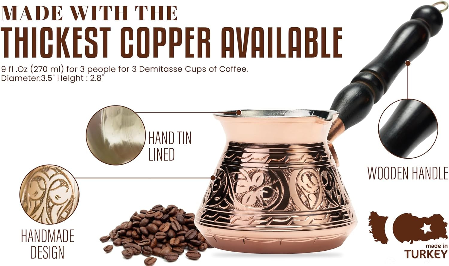 Engraved Solid Copper Turkish Coffee Pot with Wooden Handle & Spoon - Runaway Rabbit LLC