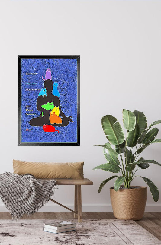 Cat Chakras Poster, Black Wood Framed, 14X20