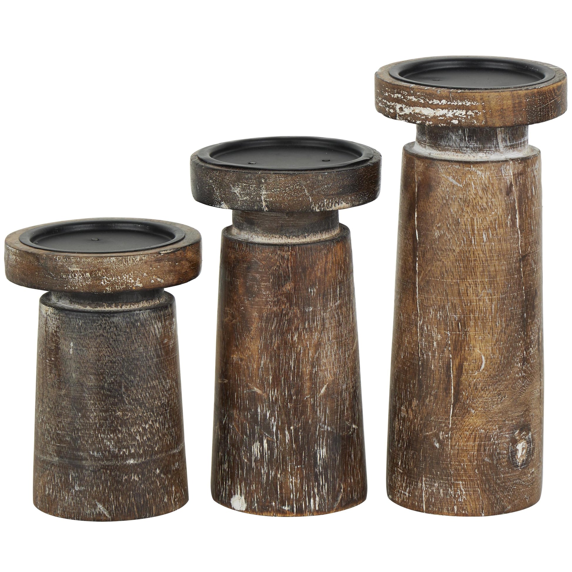 Distressed Brown Coastal Mango Wood Candle Holder, Set of 3, 6", 8", 10"H - Runaway Rabbit LLC