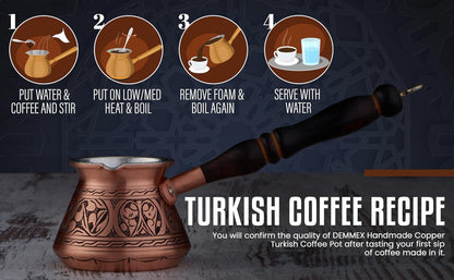 Engraved Solid Copper Turkish Coffee Pot with Wooden Handle & Spoon - Runaway Rabbit LLC