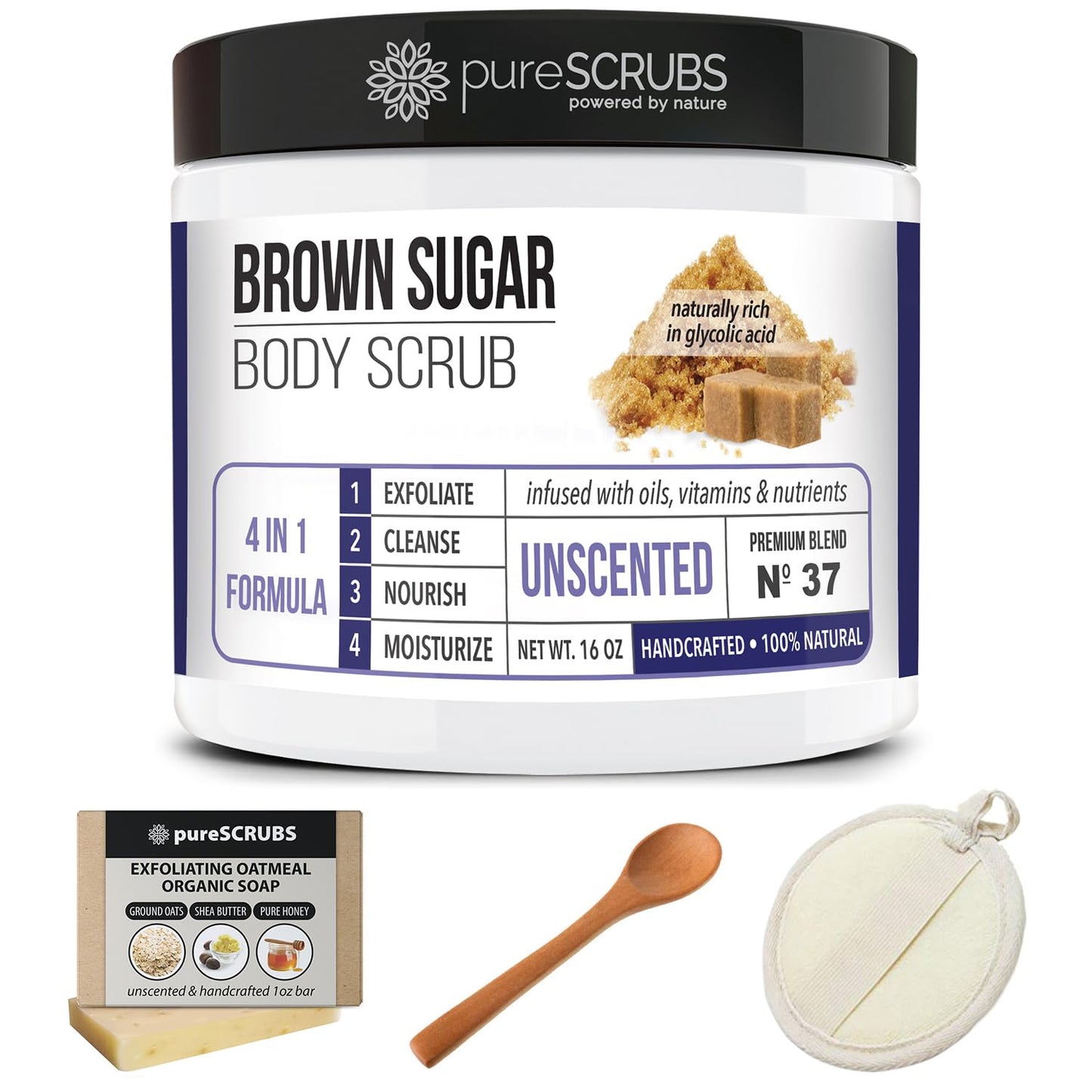 Premium Unscented Brown Sugar Body Scrub | Large 16Oz Jar | Includes Wooden Spoon, Loofah & Mini Exfoliating Bar Soap - Runaway Rabbit LLC