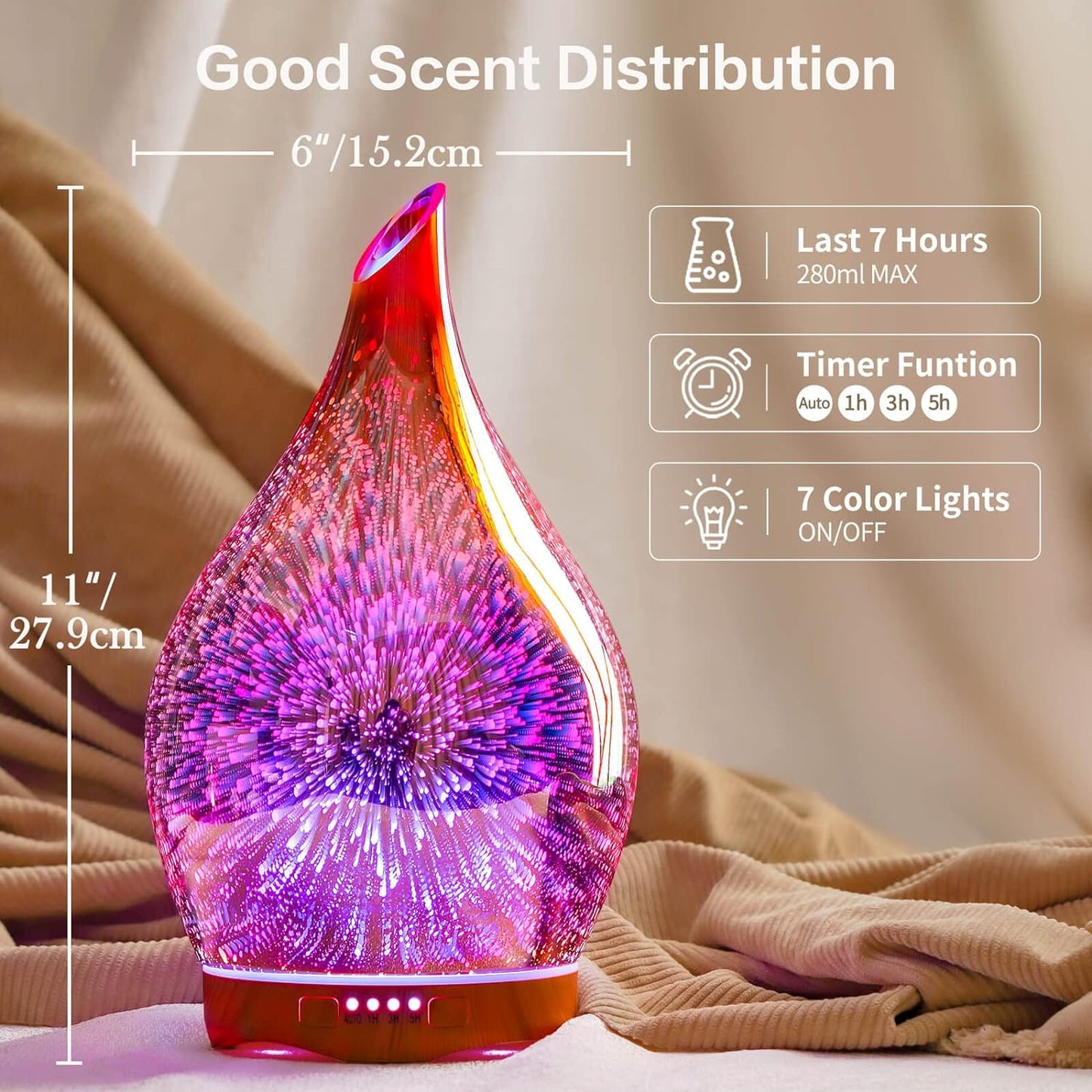 "3D Firework" Glass Aromatherapy Essential Oil Diffuser Rose Gold, 280Ml - Runaway Rabbit LLC