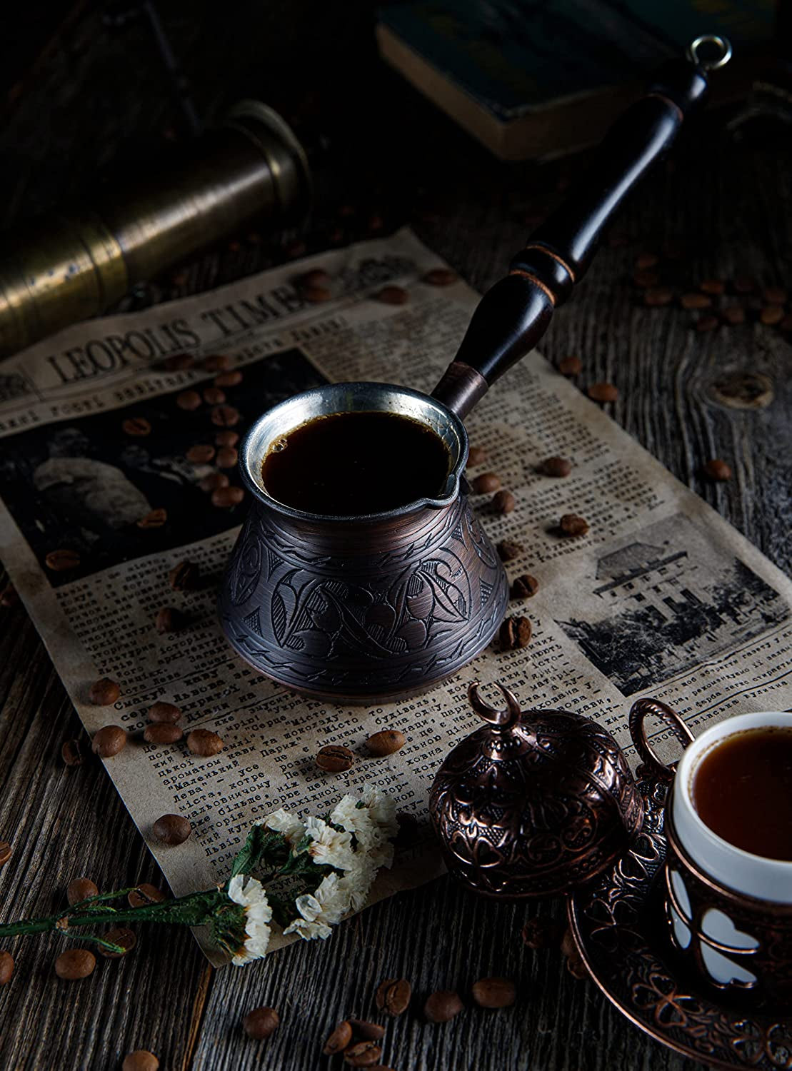 Engraved Solid Copper Turkish Coffee Pot with Wooden Handle & Spoon - Runaway Rabbit LLC