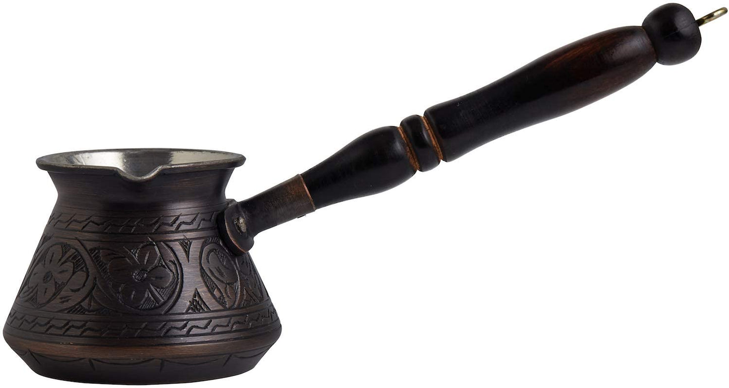 Engraved Solid Copper Turkish Coffee Pot with Wooden Handle & Spoon - Runaway Rabbit LLC