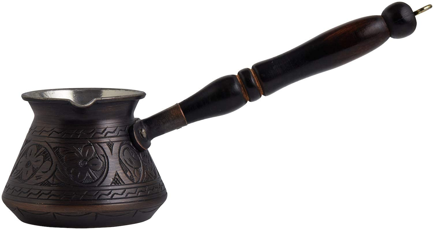 Engraved Solid Copper Turkish Coffee Pot with Wooden Handle & Spoon - Runaway Rabbit LLC