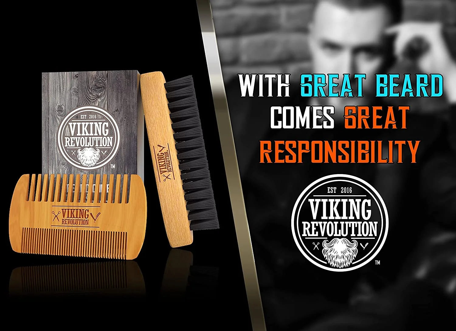 Beard Comb & Beard Brush Set for Men - with Velvet Travel Pouch - Runaway Rabbit LLC