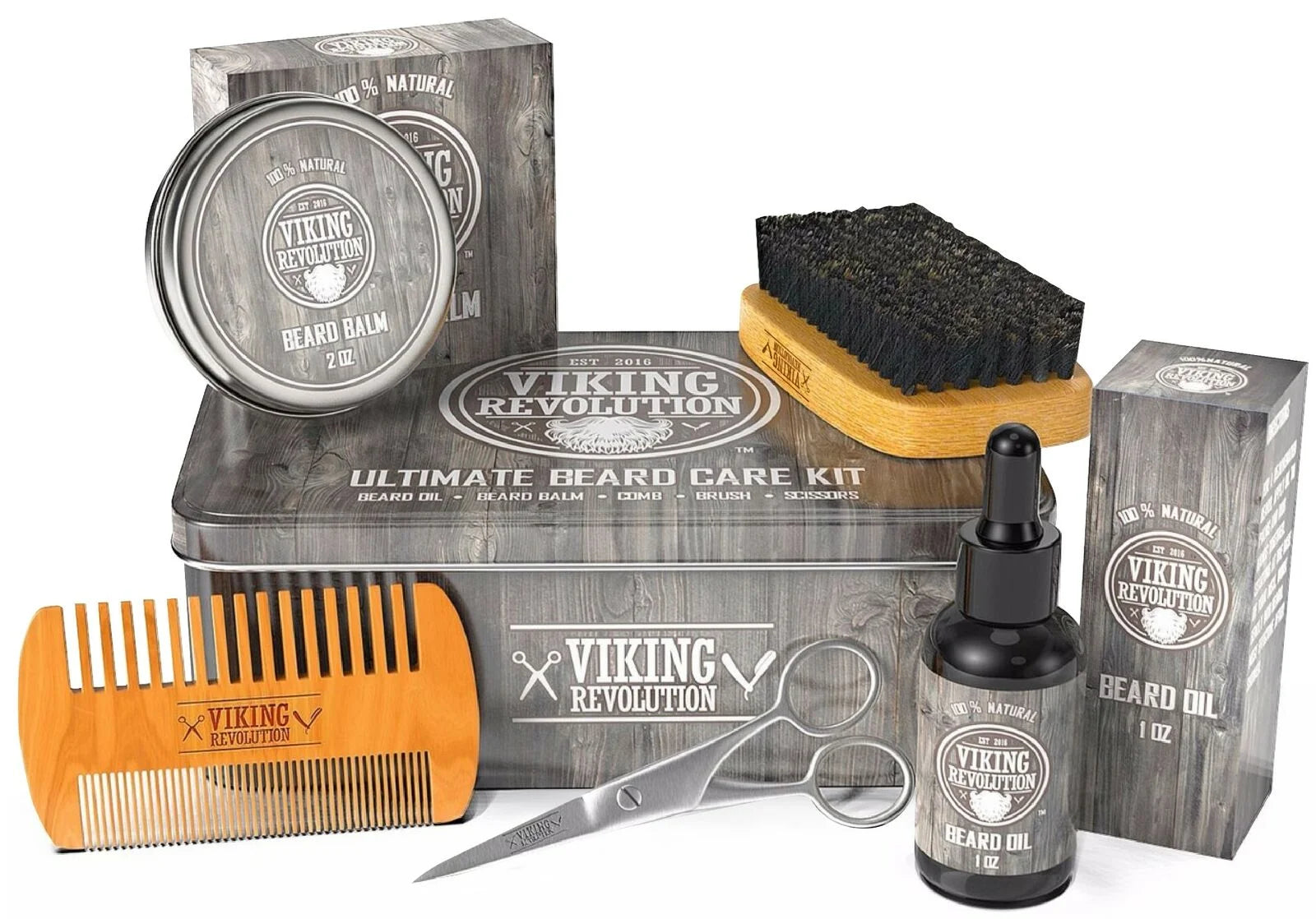 Beard Care Kit for Men - Beard Brush, Wooden Comb, Beard Balm, Beard Oil, Beard & Mustache Scissors - Runaway Rabbit LLC