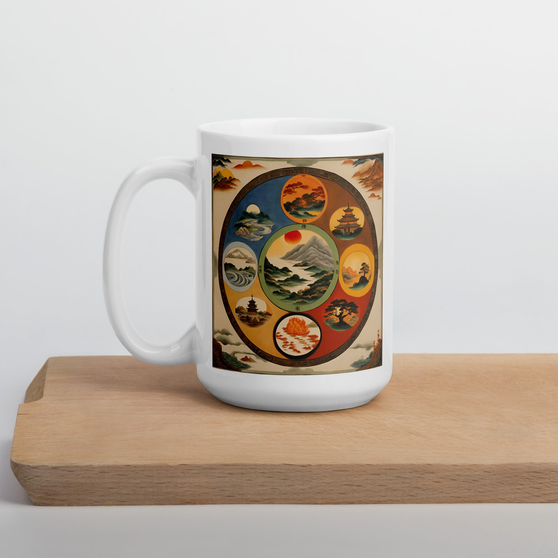 Five Elements of Wood, Fire, Earth, Metal, and Water: White glossy mug (Circle) - Runaway Rabbit LLC