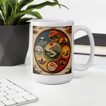 Five Elements of Wood, Fire, Earth, Metal, and Water: White glossy mug (Circle) - Runaway Rabbit LLC